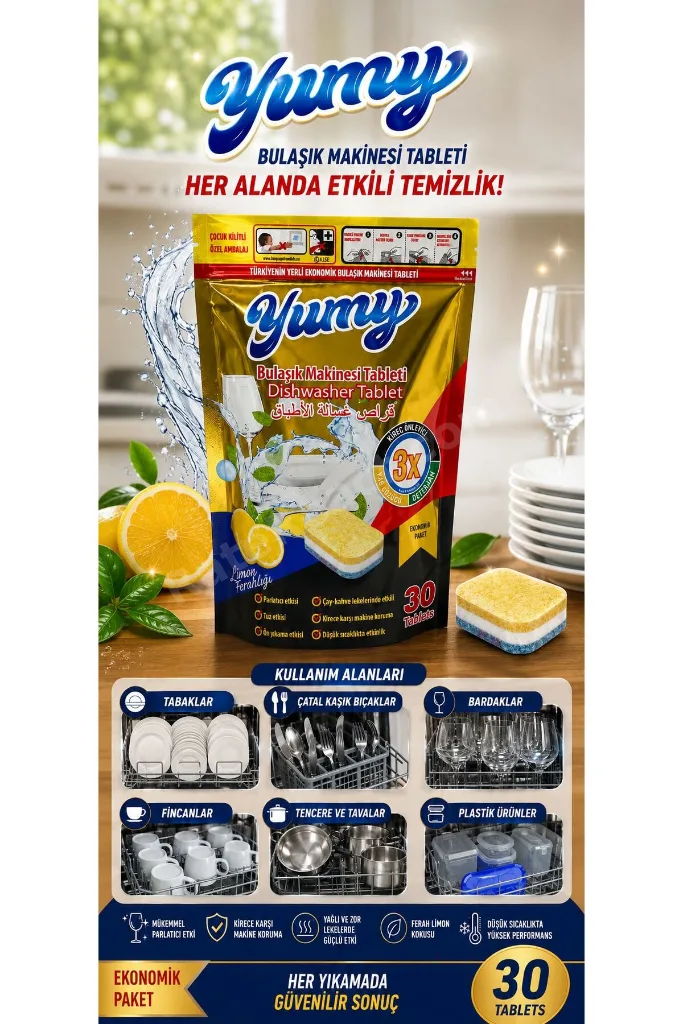 Yerli Üretim Hepsi Bir Arada Bulaşık Makinesi Tableti 30 Yıkama - Güçlü Temizlik Üstün Parlaklık