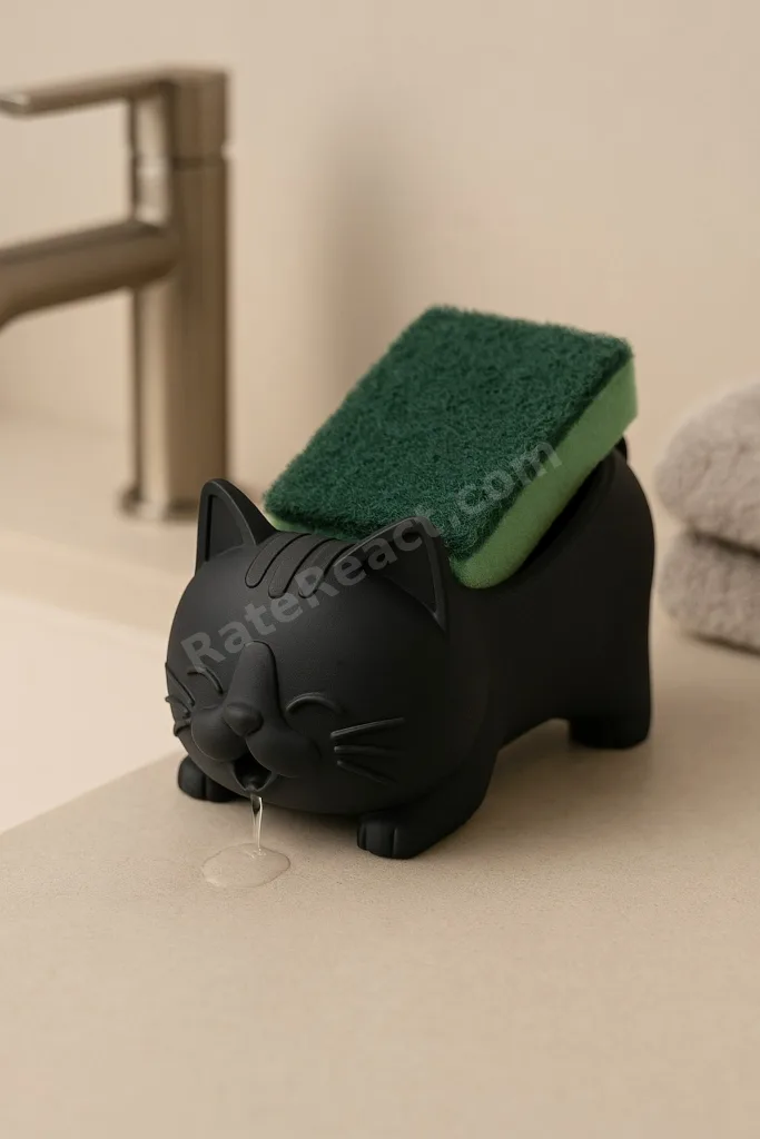 Sevimli Kedi Desenli Kendinden Boşaltmalı Su Tutmaz Katı Sabunluk Lavabo Üstü Sabunluk (plastik)