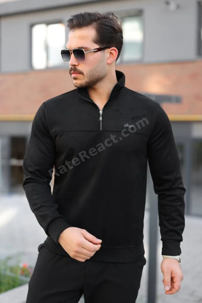 Erkek Süet Yarım Fermuar Dik Yaka Sweat