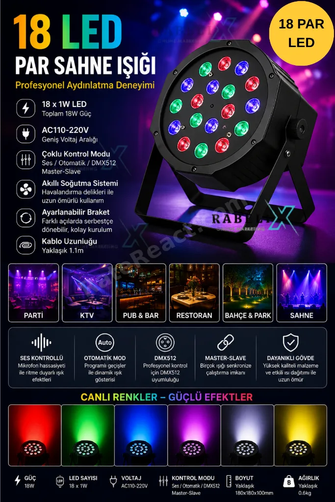 18 LED Par Sahne Işığı DMX512 Ses Kontrollü Disco Parti RGB Işık Sistemi Ses Kontrollü Efekt Lambası