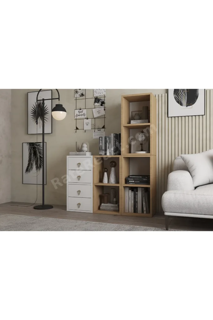 Meşe Beyaz Kitaplık ve 4 Çekmeceli Çok Amaçlı NRG-KTP-1050