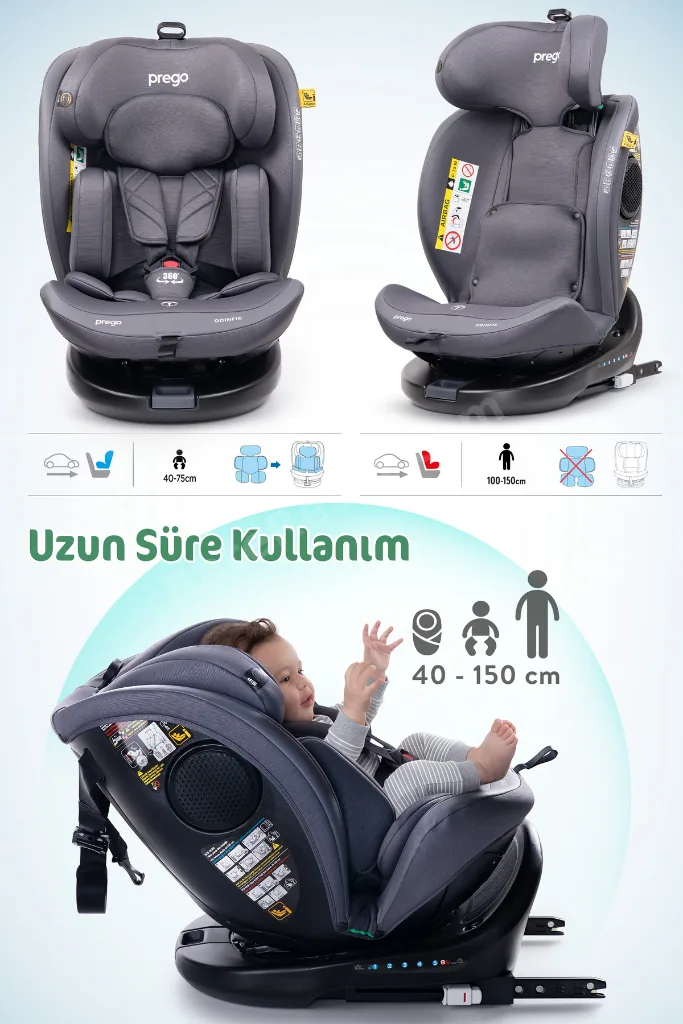 Odinfix Alarmlı 360 Derece Dönebilen -0-36 Kg -İ-Size Belgeli - Top Tetherlı Oto Koltuğu