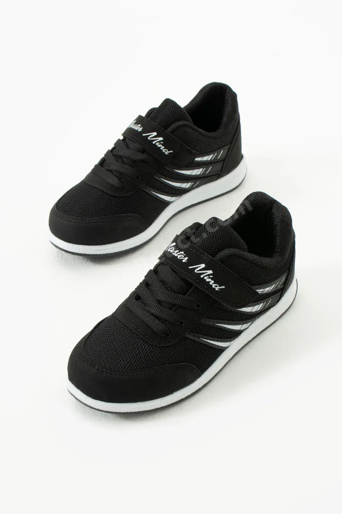 Çocuk Siyah Beyaz Bağcıklı Tek Cırtlı Esnek Hafif Nefes Alabilen Unisex Fileli Sneaker Spor Ayakkabı