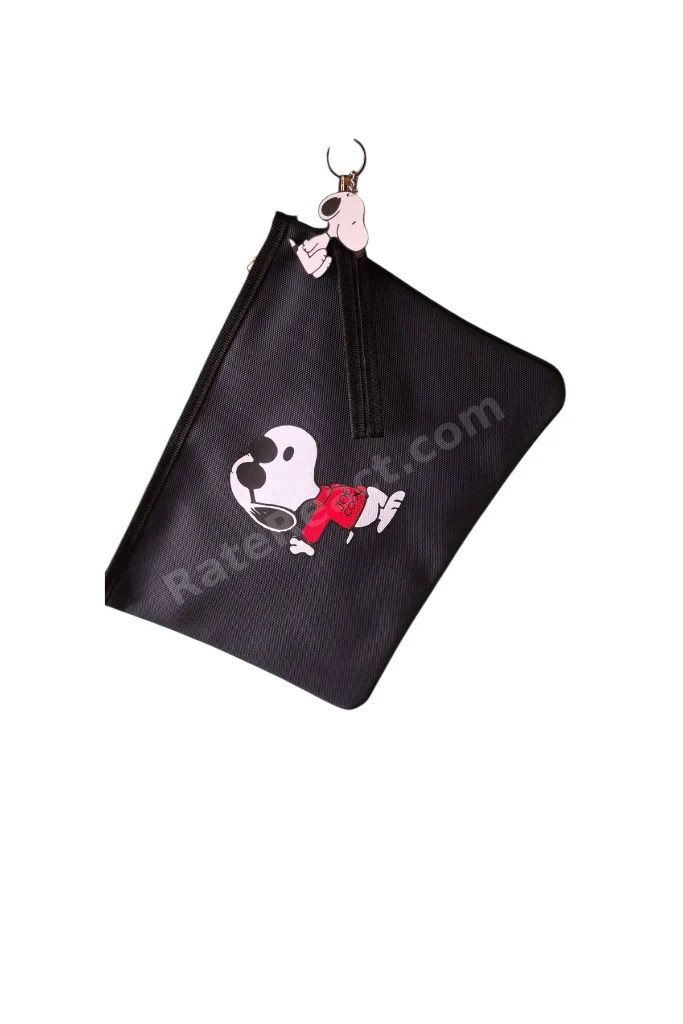 Lacivert Suni Deri Snoopy Desenli Portgöy Clutch Tablet Kılıfı Çanta