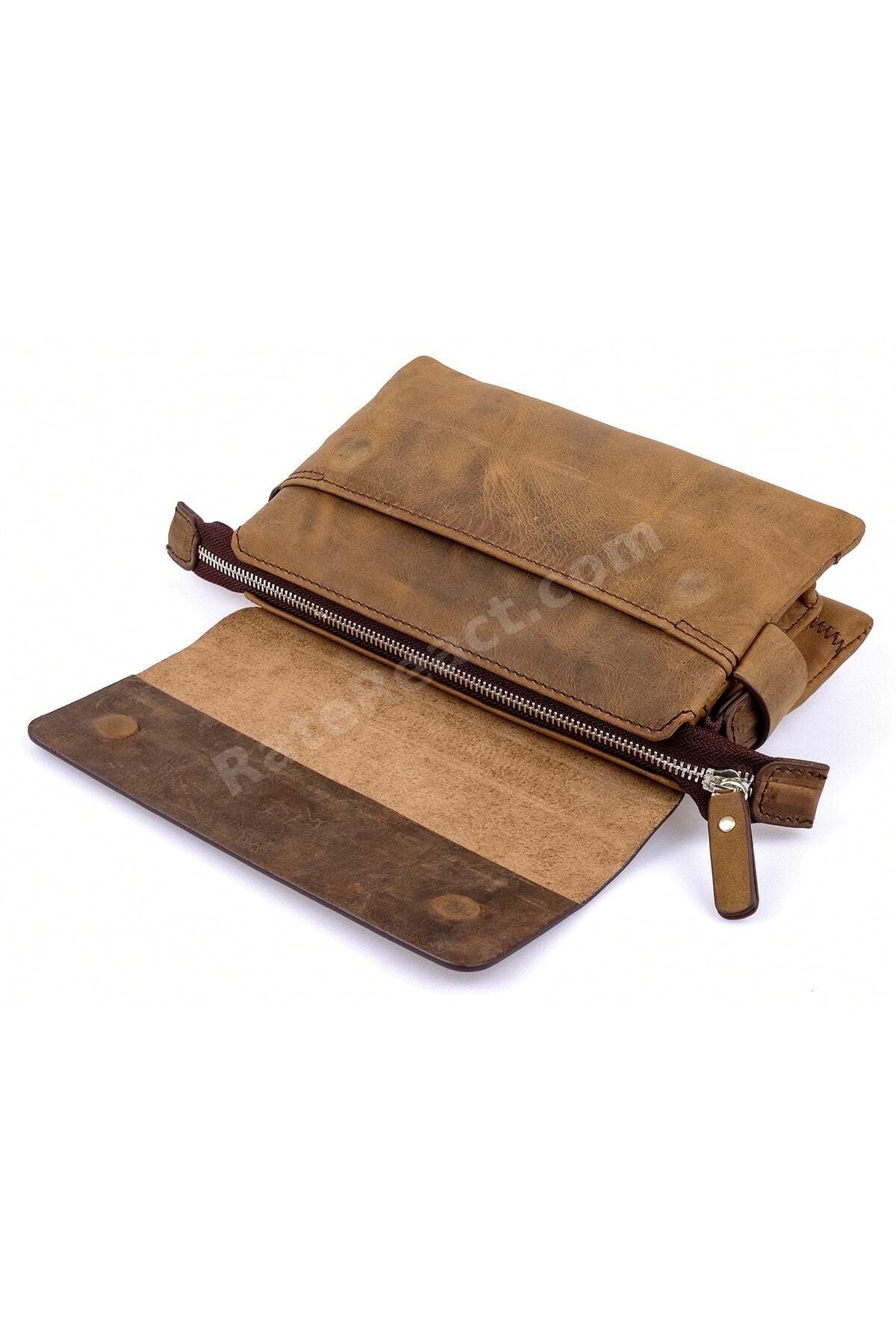 Erkek Portföy El Çantası Clutch Koyu Camel Hakiki Dana Deri Crazy Horse 9288-zkc