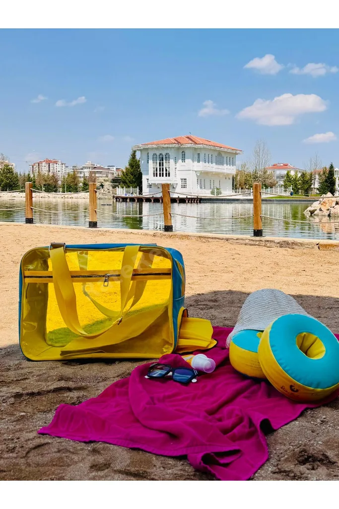 Neon Suni Deri & Renkli Şeffaf PVC Yıkanabilir Islak ve Kumlu Eşya Cebi Olan Plaj Çantası