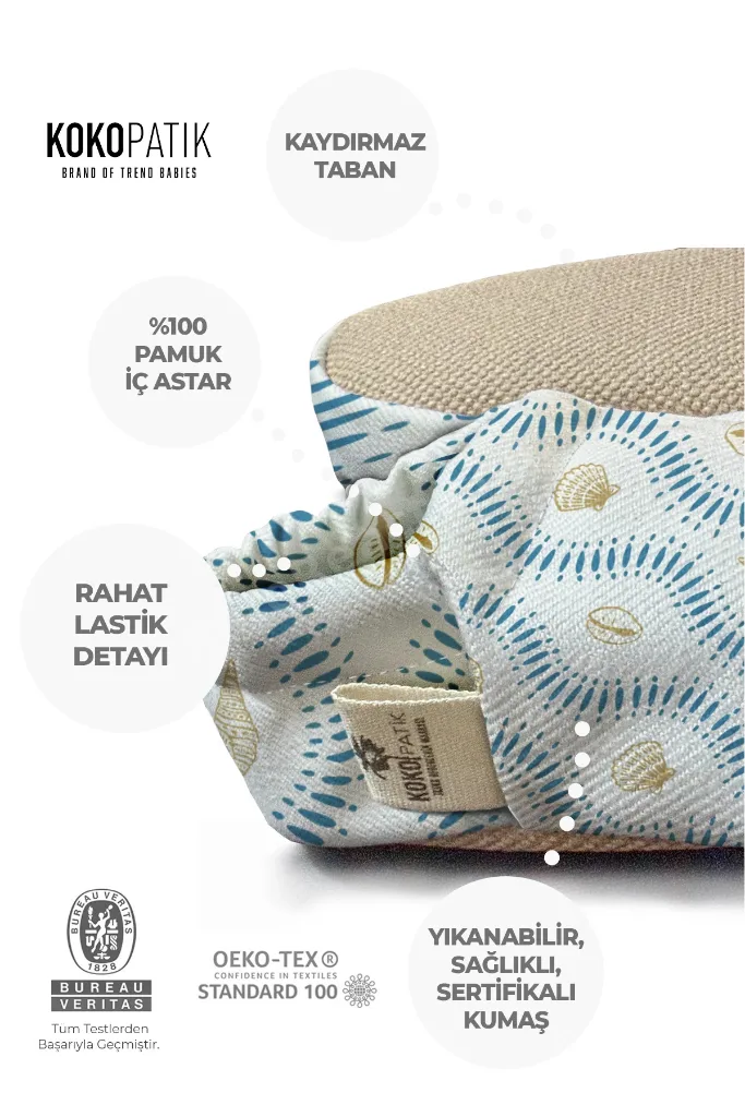 Kum Kabukları Desen Patik-Organik Pamuk Bebek Patiği, Kaydırmaz Taban, Yenidoğan Patik
