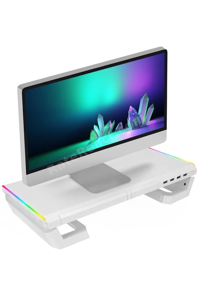 ST1 4 USB Hub RGB Işıklı Katlanabilir Yükseklik Ayarlı Beyaz Monitör Standı Yükseltici Stand