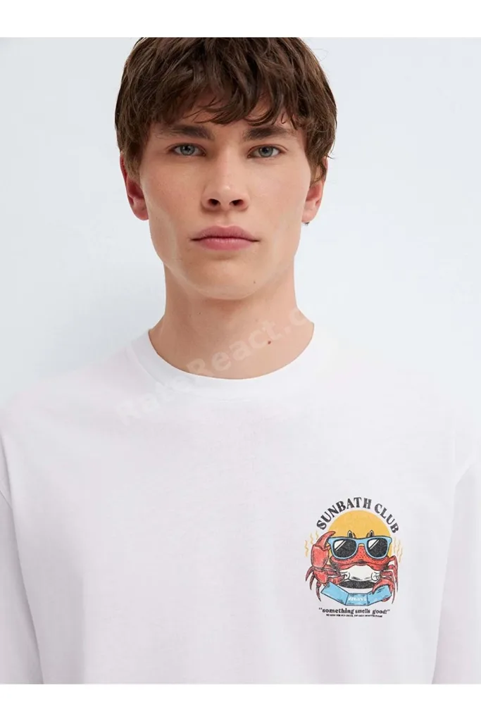 M0613386 Yengeç Baskılı Tişört Erkek T-Shirt BEYAZ