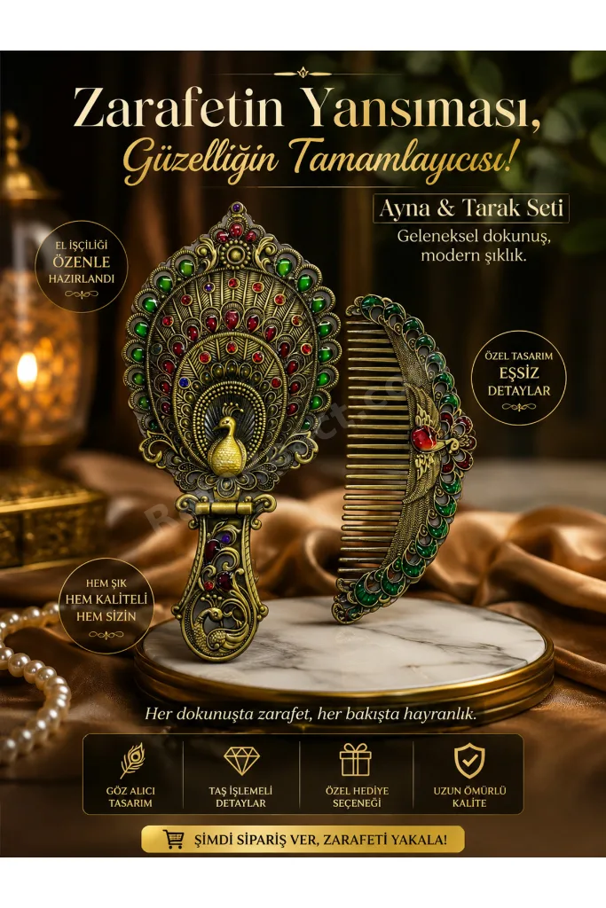 Vintage Tavus Kuşu Desenli Ayna & Tarak Seti – Dekoratif Hediyelik Kadın Bakım Seti