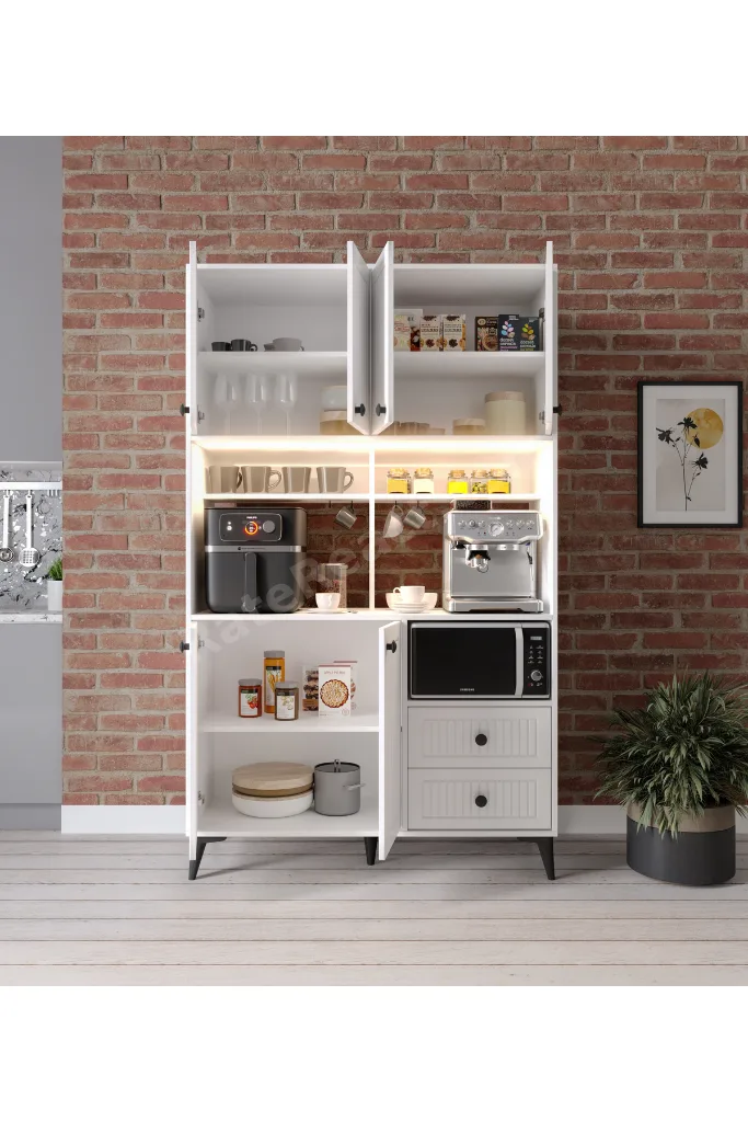 Nebula Kahve Köşesi Mebran Kapaklı Led Aydınlatmalı Tamamı Mdf Beyaz