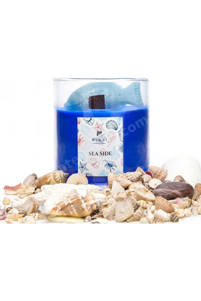Büyük Üfleme Cam Balık Dekorlu Saks Mavisi Ocean Breeze Kokulu Vegan Mum (380 gr) revif 827927