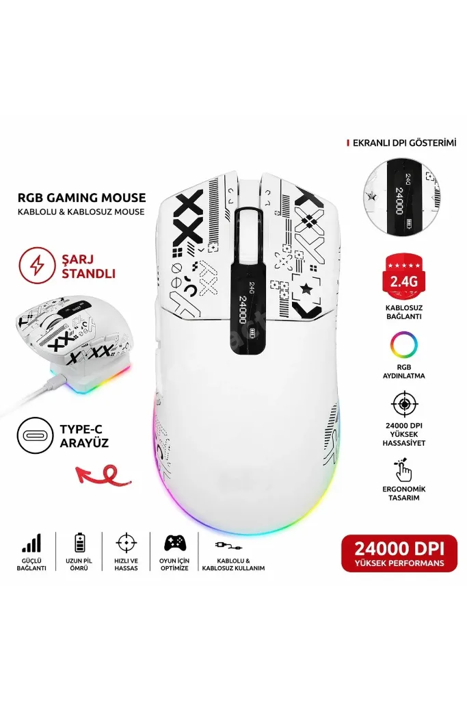 Kablosuz Gaming Mouse Bluetooth 2.4G Kablolu 3 Mod Bağlantılı 24000 DPI RGB Şarj İstasyonlu Oyuncu Mouse
