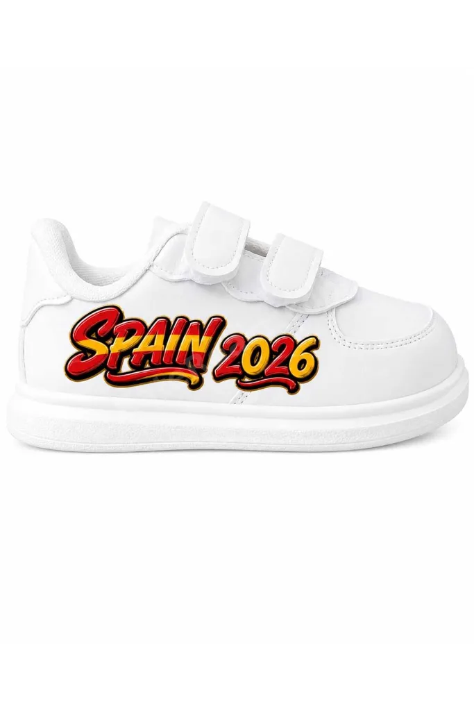 kırmızı sarı futbol baskılı beyaz bantlı çocuk spor ayakkabı sneaker