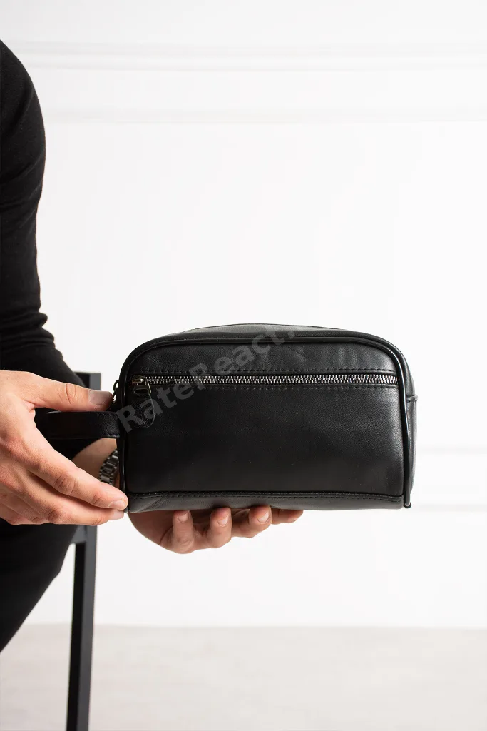 Siyah Hakiki Deri Erkek Tıraş el Portföy&Clutch Bakım Çantası