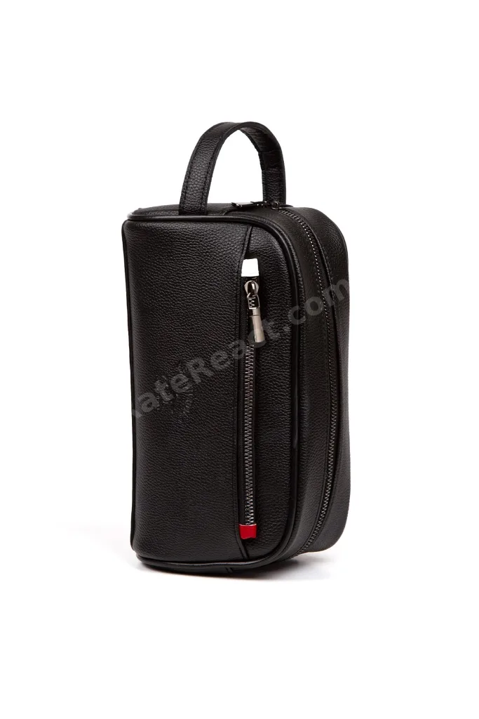 Erkek Deri Portföy Clutch Traş Kozmetik Bakım Ve Günlük El Çantası (14X24CM) - Siyah