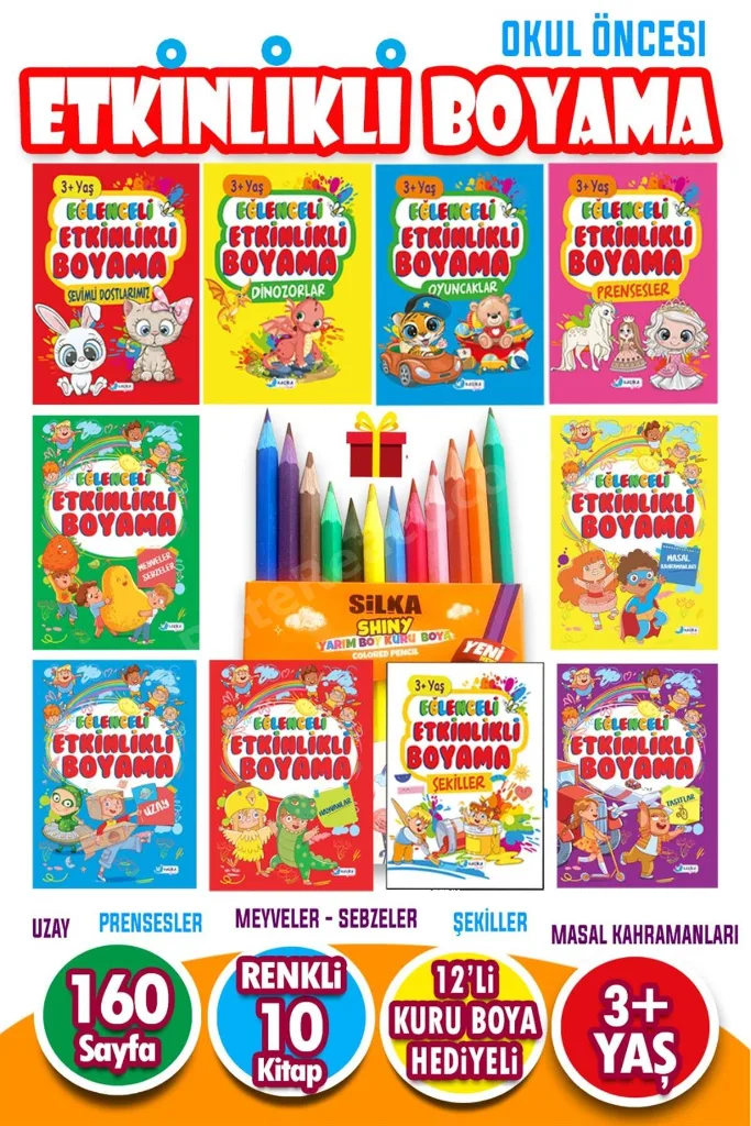 12 Adet Kuru Boya Hediyeli 10 Kitaplı Eğitici Ve Etkinlikli Boyama Seti