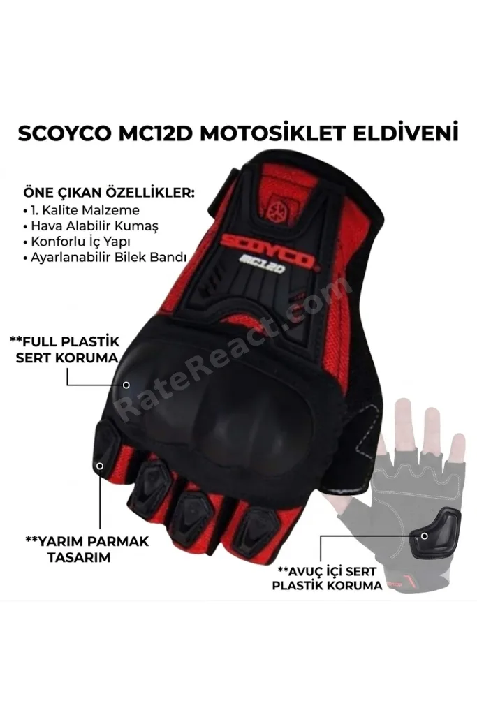 Unisex Kırmızı Yazlık Parmaksız Korumalı Eldiven Mc12d