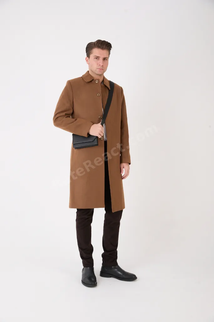 Erkek Siyah Uzun Regular Fit Kaşe Kaban