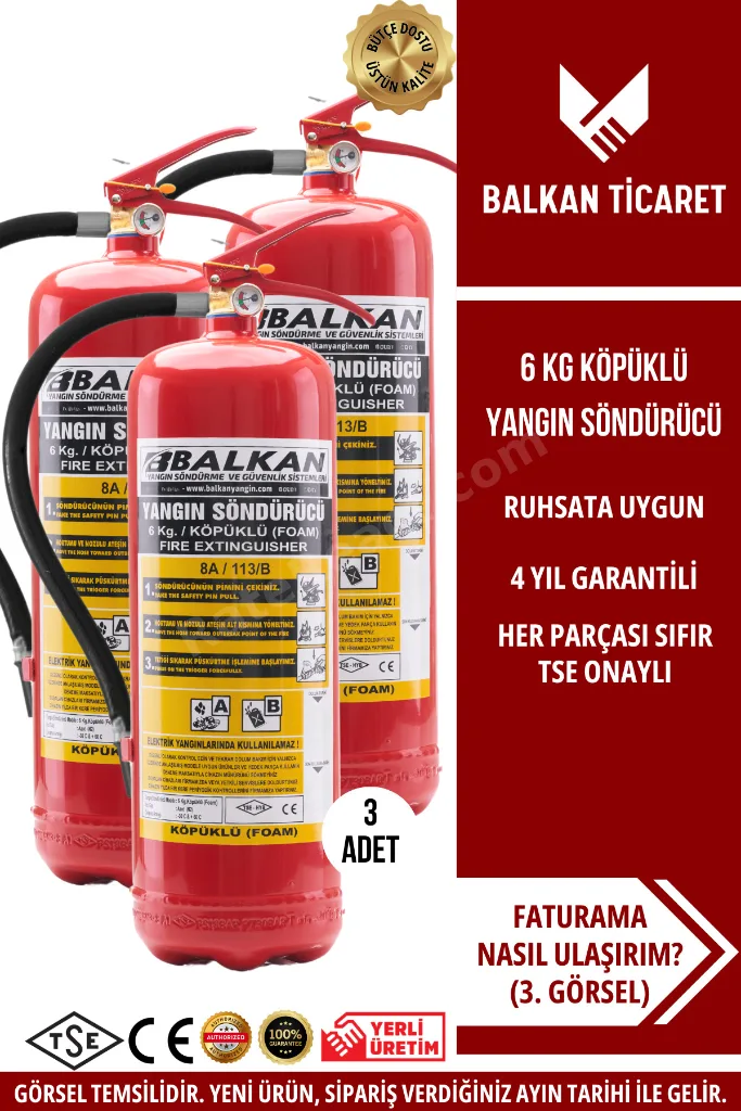 YANGIN SÖNDÜRME TÜPÜ 6KG KÖPÜKLÜ 3 ADET TSE HYB CE BELGELİ RUHSATA UYGUN