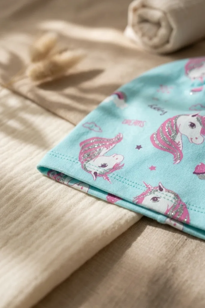 Kız Çocuk Mavi Unicorn Desenli Pamuklu Esnek Penye Bere - Gümüş Sim Detaylı Mevsimlik Çocuk Şapkası