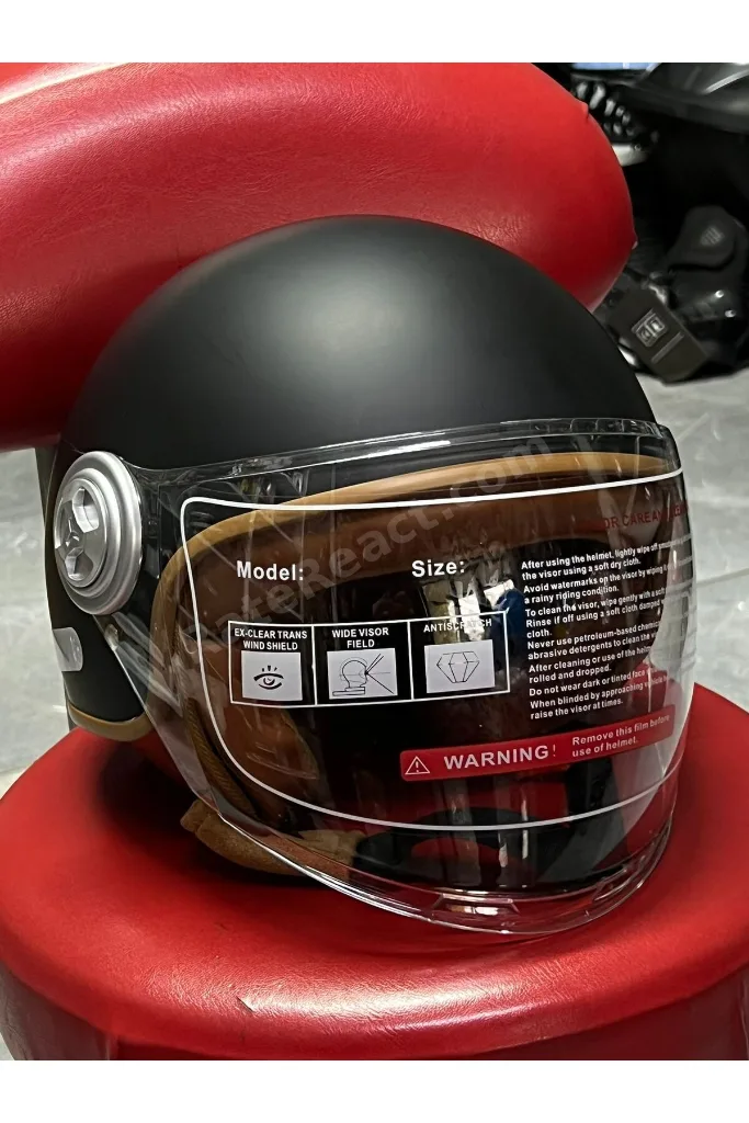 Retro Açık Motosiklet Kaskı - Mat Siyah Kahverengi Deri Detaylı Şeffaf Vizörlü Scooter Kaskı