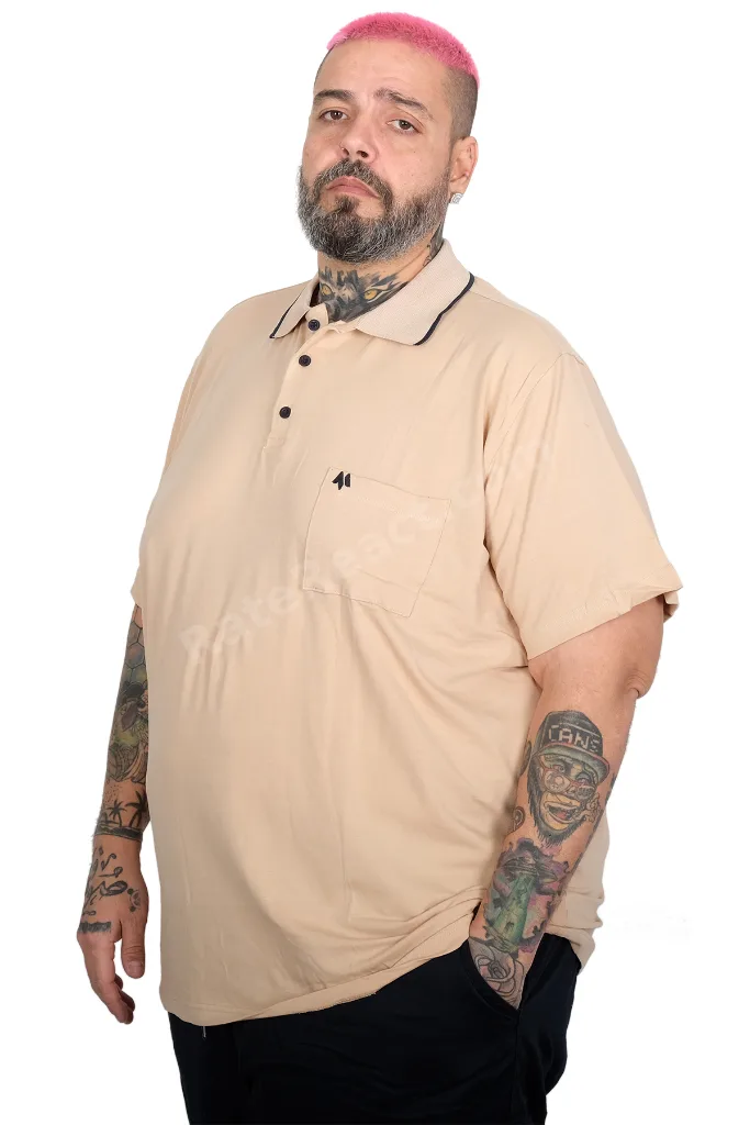 Mode XL Büyük Beden Erkek Likralı Süprem Cepli Polo Yaka T-Shirt 21558 BEJ