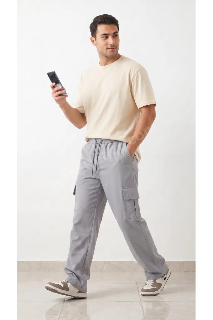 Erkek Gri Paraşüt Kumaş Komando Cepli Klipsli (Ayarlanabilir paça) Baggy Eşofman Alt
