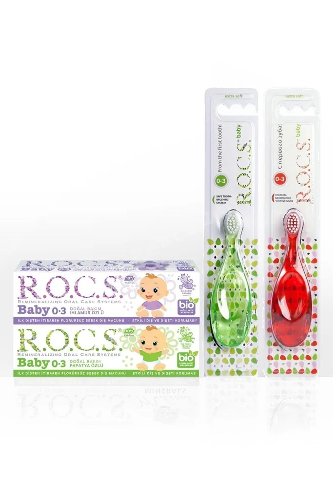 Rocs Baby 0-3 Yaş Diş Ağız Bakım Seti - 2 Diş Macunu Ve 2 Diş Fırçası (kırmızı/yeşil)