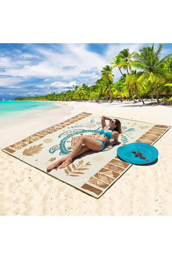 Piknik Örtüsü, Çanta Kamp Matı, Plaj Matı, Yer Örtüsü Outdoor,200x150cm - Etnik Kaplumbağa Bej