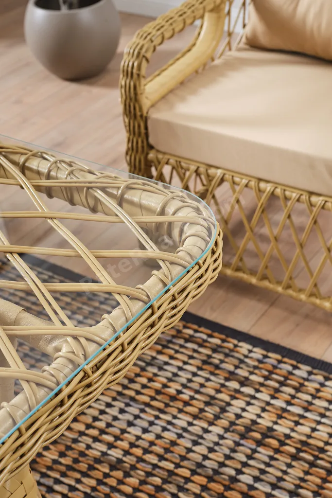 Edra Rattan Puflu Bahçe Balkon Takımı 3+1+1+Camlı Masa Cappuccino