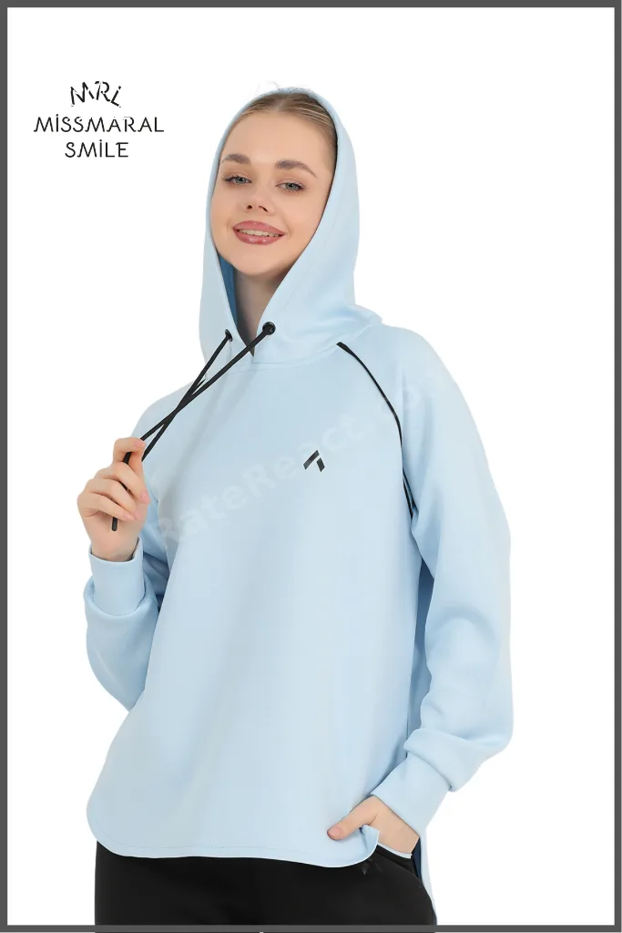 Kadın Mavi  Eşofman Üst  Scuba Kapüşonlu Reglan Kol Aktif Spor Sweatshirt