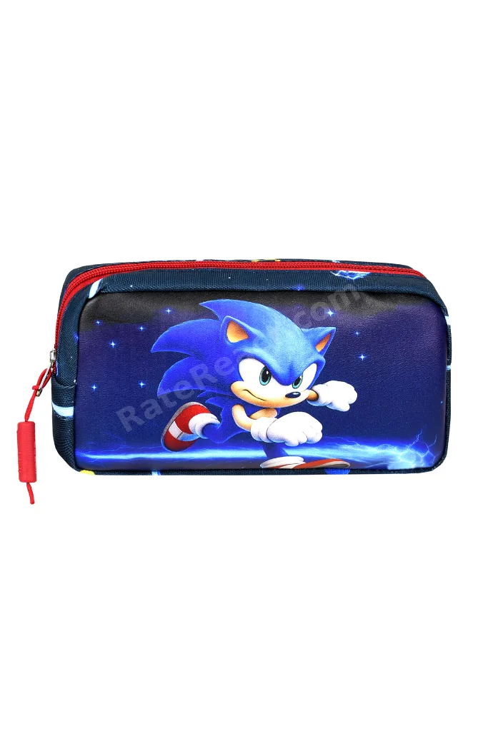 Deri Baskılı Mavi Sonic Temalı İlkokul Sırt Çantası,Termal Beslenme Çantası Ve Kalemlik