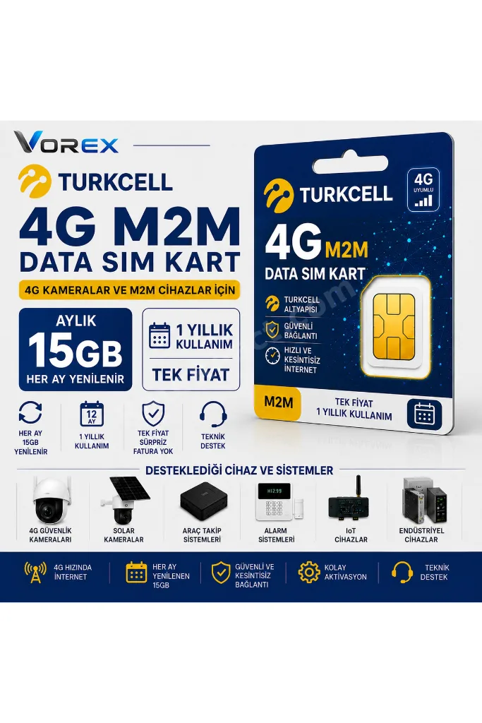 Turkcell 4G M2M SIM Kart Aylık 15GB 1 Yıllık Data Paketi Güvenlik Kamerası LTE İnternet Hattı