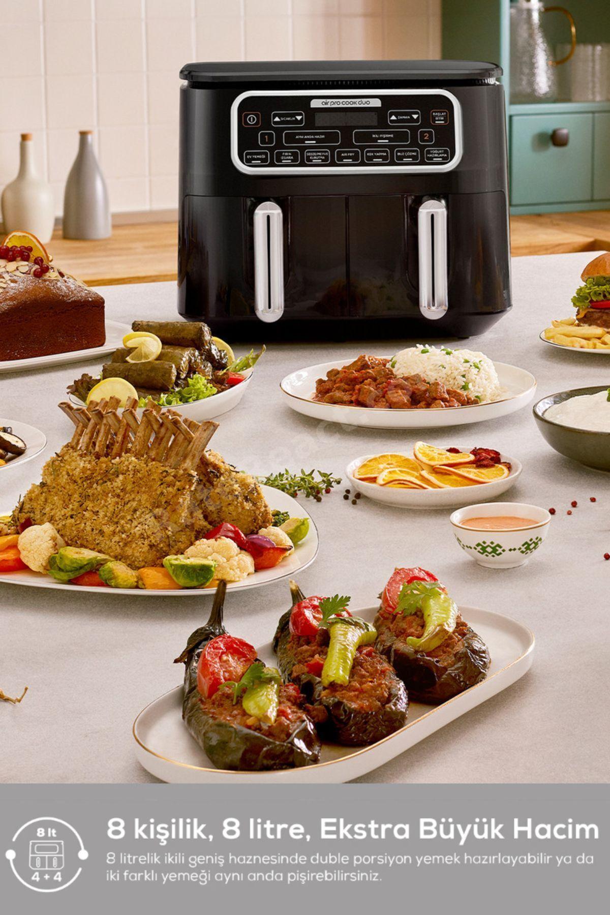 Air Pro Cook Duo Ev Yemeği XXXL 4+4 Litre Airfryer Black Chrome 8 Kişilik