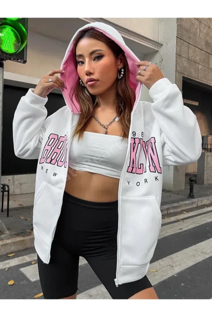 Büyük Beden Unisex Beyaz Renk Fermuarlı Pembe Brooklyn Baskılı 3 İplik Polar Hırka / Ceket