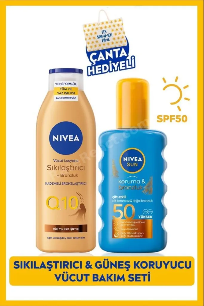 SUN SPF50 Güneş Koruyucu Bronzluk Vücut Spreyi 200ml, Q10 Bronzlaştırıcı Losyon 250ml, Çanta Hediye
