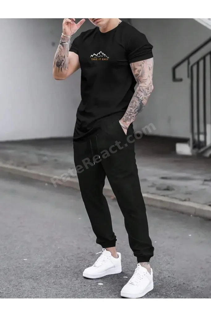 Erkek Take İt Easy  Baskılı T-shirt Eşofman Altı Jogger Rahat Kalıp Siyah Eşofman Takım New Model
