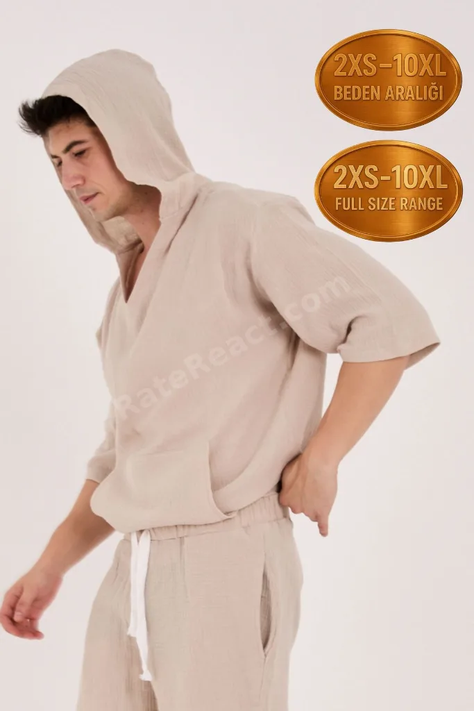 %100 Pamuk Kapüşonlu Kanguru Cepli Yazlık Bej Müslin Sweatshirt