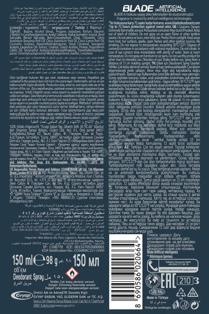 Artificial Intelligence Erkek Deodorant Body Spray 4x150 Ml Hızlı Kurur,Leke Bırakmaz