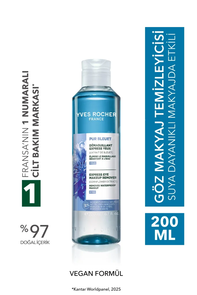 Tüm Ciltler, Çift Fazlı/Yoğun Makyaja Özel, Rahatlatıcı Göz Makyaj Temizleyici-Pur Bleuet-200ml