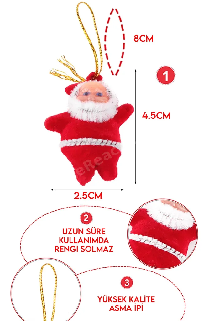 12 Li Noel Baba Figürlü Yılbaşı Çam Ağacı Süs Seti Noel Adam Yeni Yıl Ipli Ağaç Süsü