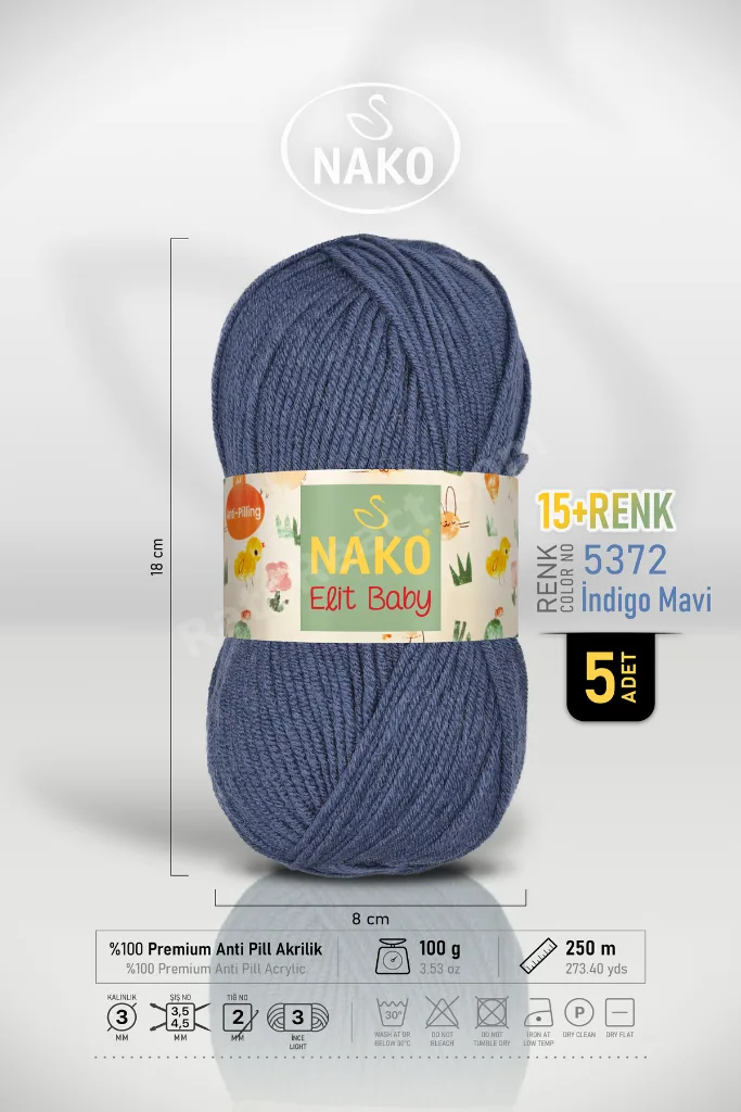 Elit Baby - 5372 İndigo Mavi - 5'li Paket - 100gr/250m - Bebek İpi - Anti Pilling Tüylenmez İp