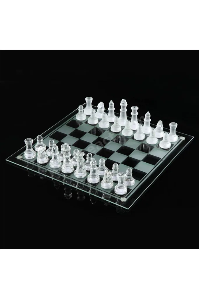 Şeffaf Cam Satranç Seti 25x25 cm, Zarif ve Dayanıklı Oyun Takımı