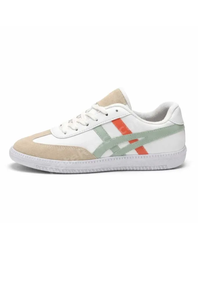 Kadın Günlük Spor Ayakkabı Bağcıklı Rahat Taban Casual Sneaker - Bej/Beyaz Mint Turuncu Detaylı