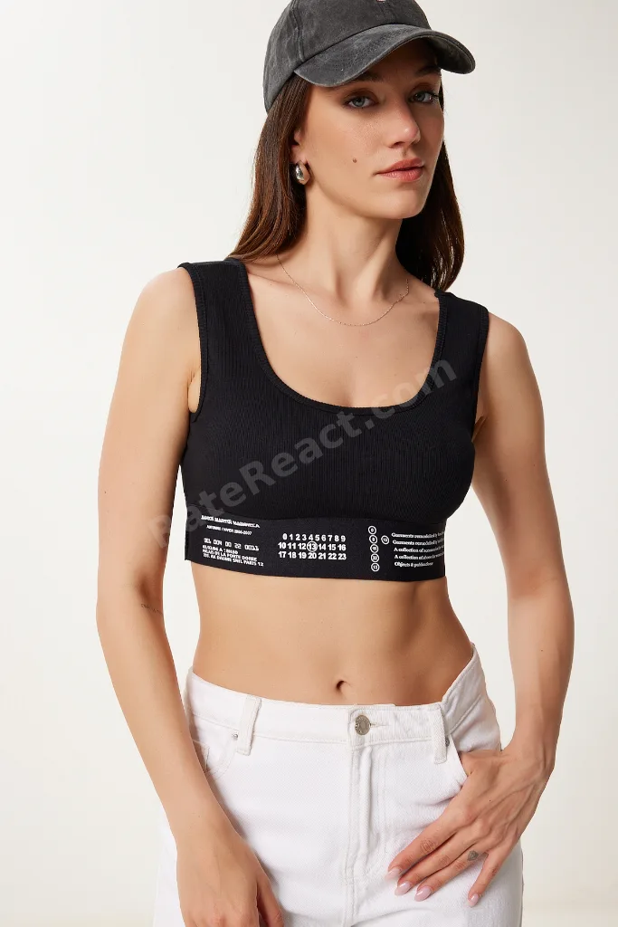 Kadın Siyah Baskılı Lastik Detaylı Fitilli Spor Sütyeni US00968