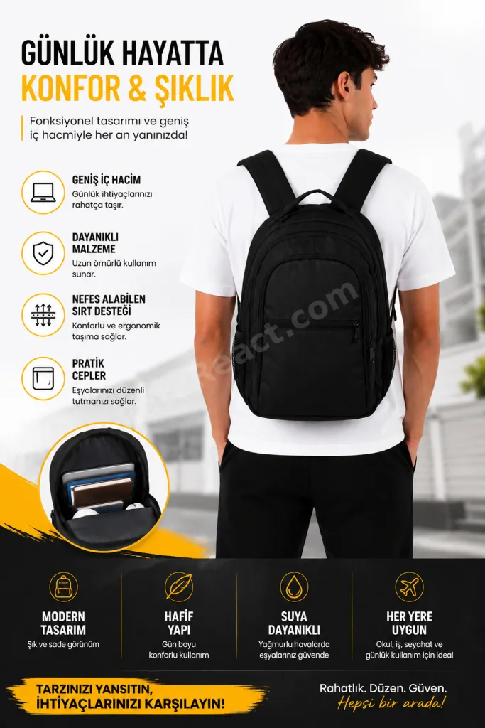 Siyah Unisex Laptop Sırt Çantası | Geniş Hacimli, Çok Bölmeli, Suya Dayanıklı Günlük Okul İş ve Seyahat Çantası