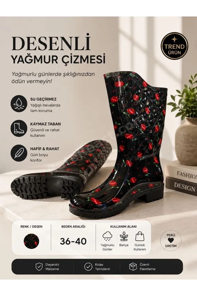 Kadın LALE Desenli 35 Cm Uzun Bahçe Yağmur Çizmesi