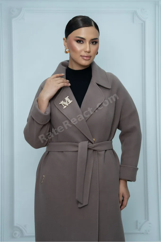 Büyük Beden Plussize Broşlu Sade Kruvaze Yaka Kemerli Uzun Kaşmir Kadın Palto Kaban