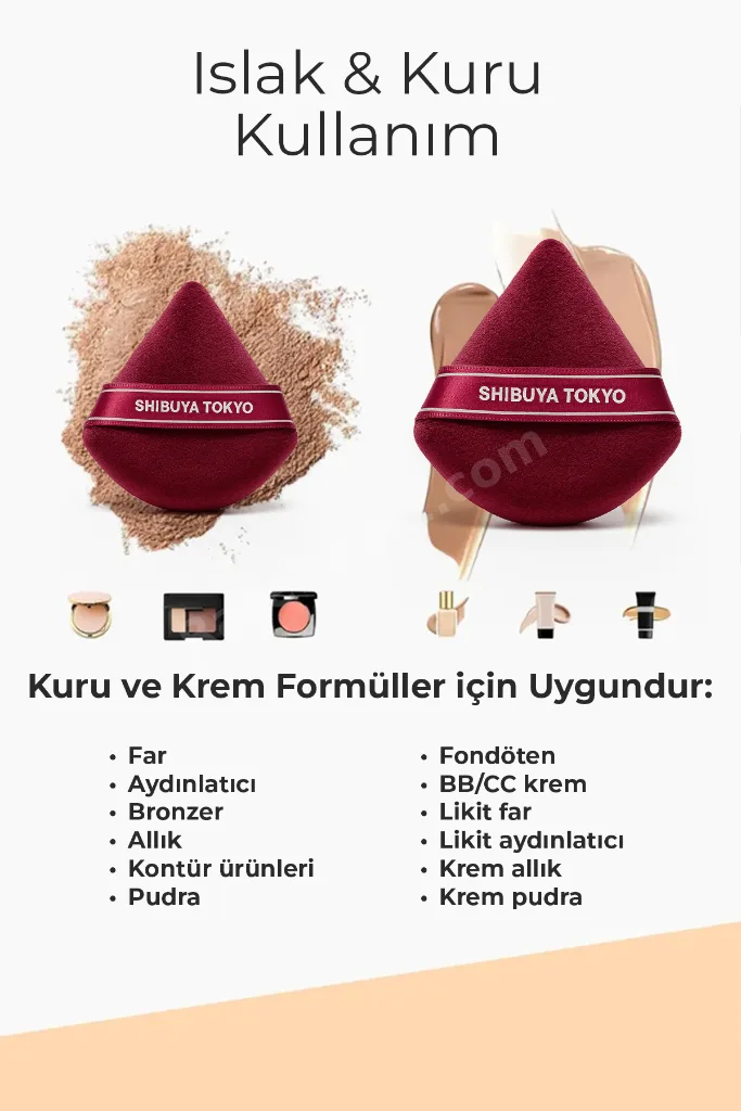 Üçgen Pudra Pufu ve Makyaj Süngeri 3’lü Set Kumaş Kese Bordo